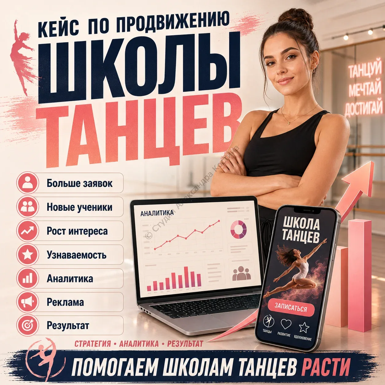 Кейс по продвижению школы танцев — работа из портфолио студии Александра Костина