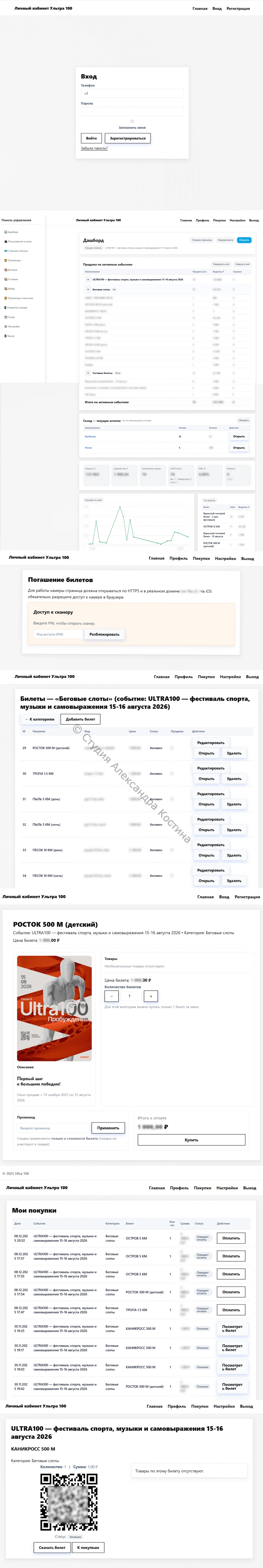 Интерфейсы личных кабинетов и CRM проекта Ультра 100